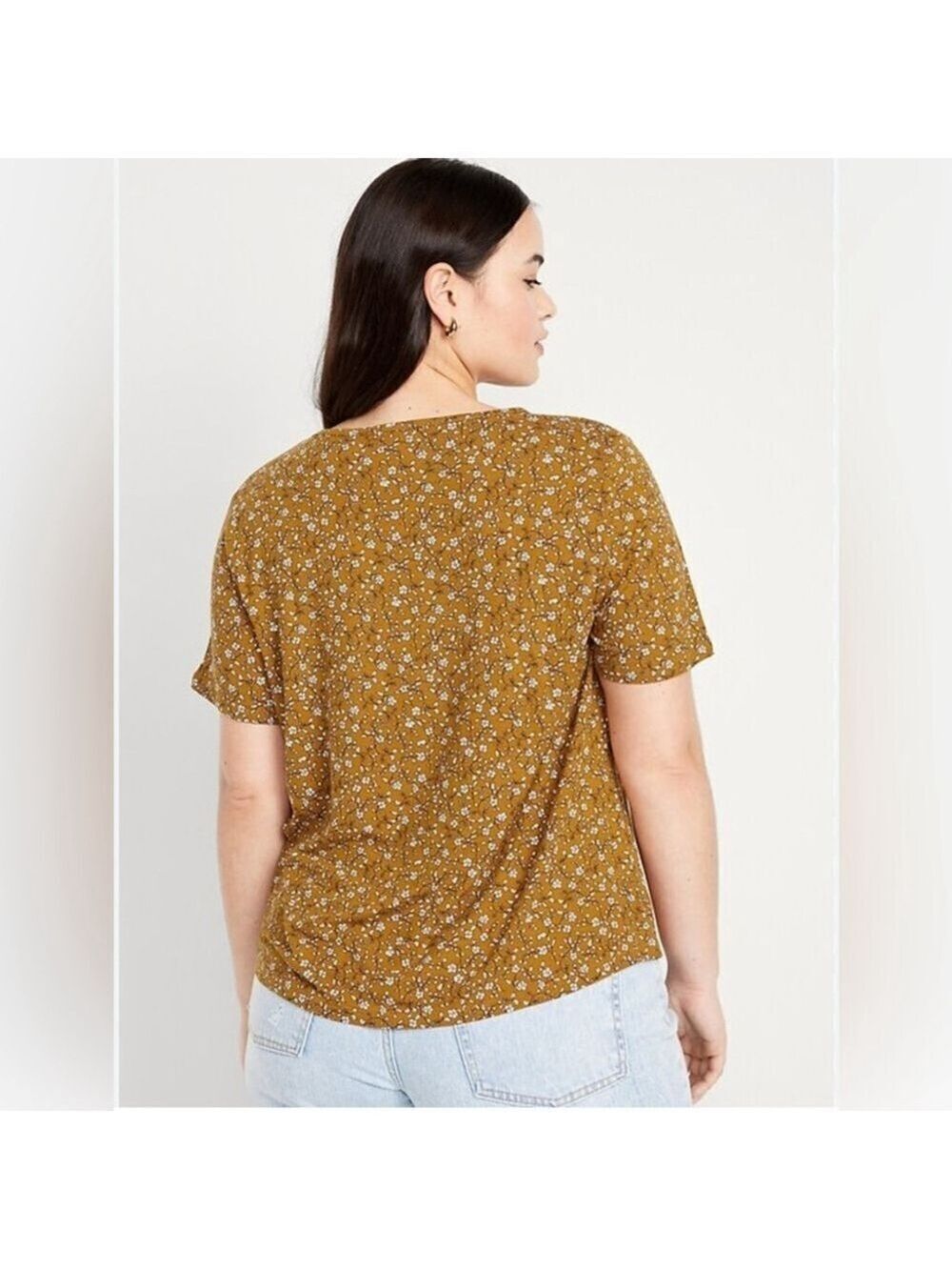 Old Navy Luxe V-neck, mustard yellow floral T-shirt, rayon/viscose XL